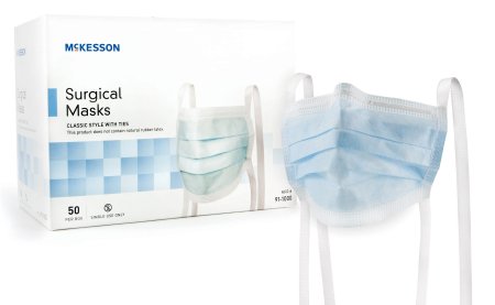 McKesson - Surgical Mask Pleated Tie Closure One Size Fits Most Blue NonSterile ASTM Level 1 Adult - 91-1000