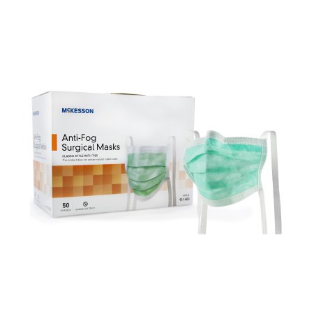 McKesson - Surgical Mask Anti-fog Pleated Tie Closure One Size Fits Most Green NonSterile ASTM Level 1 Adult - 91-1400