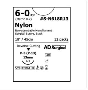 AD Surgical Suture 6-0 Nylon P-13 Unify Black 18" Monofilament 12/Bx - S-N618R13